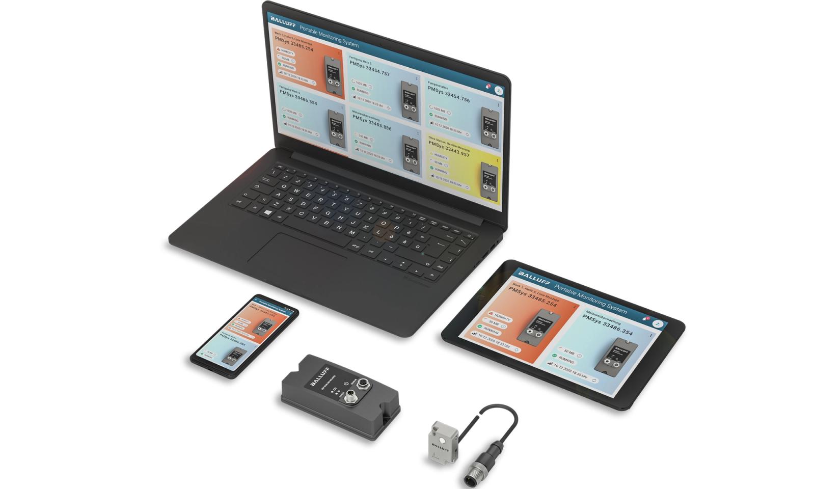 Balluff IO-Link starter kit with SmartConnector, adapter and app on laptop/tablet/smartphone