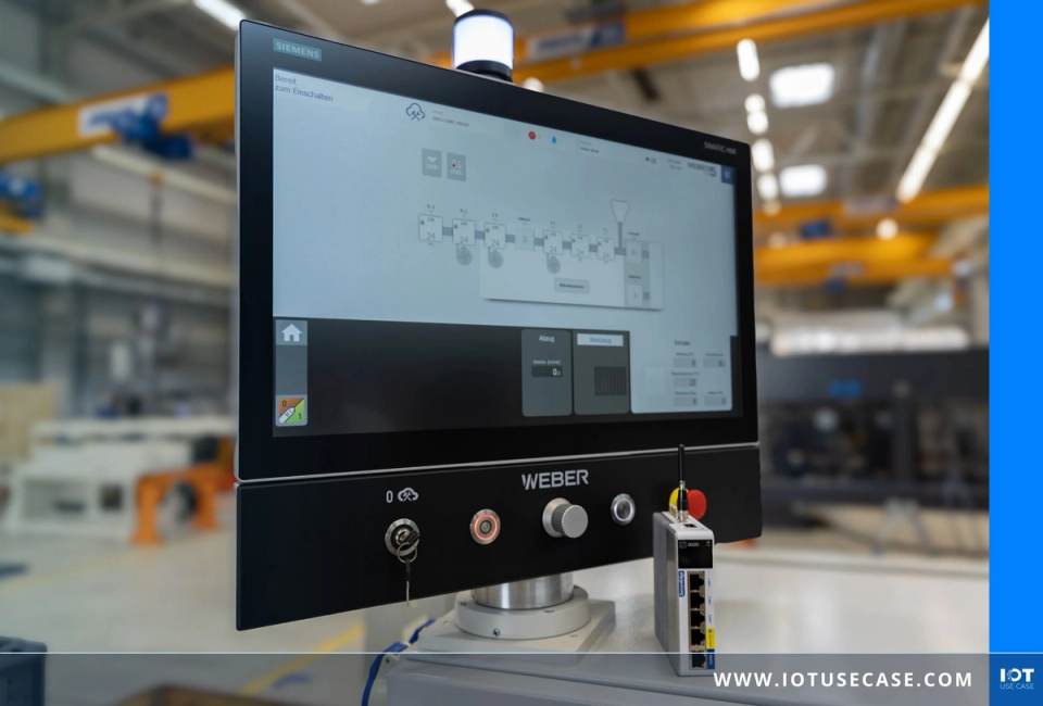 Bedienpanel einer WEBER-Extrusionsanlage mit Linienübersicht, daneben ein IXON-Router für die Fernwartung