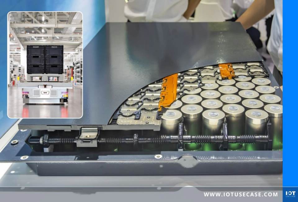 Opened lithium-ion battery module with exposed cylindrical cells beneath a cut-away metal housing; the inset shows an automated guided vehicle (AGV) from SEW-EURODRIVE carrying stacked black containers through a bright battery production facility.