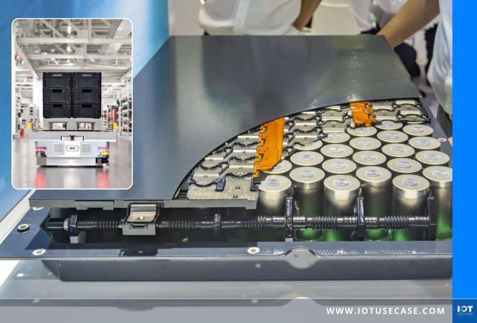 Geöffnetes Lithium-Ionen-Batteriemodul mit freiliegenden zylindrischen Rundzellen unter aufgeschnittenem Metallgehäuse; im eingesetzten Bild transportiert ein fahrerloses Transportfahrzeug (FTF) von SEW-EURODRIVE gestapelte schwarze Behälter durch eine helle Batteriefertigung.