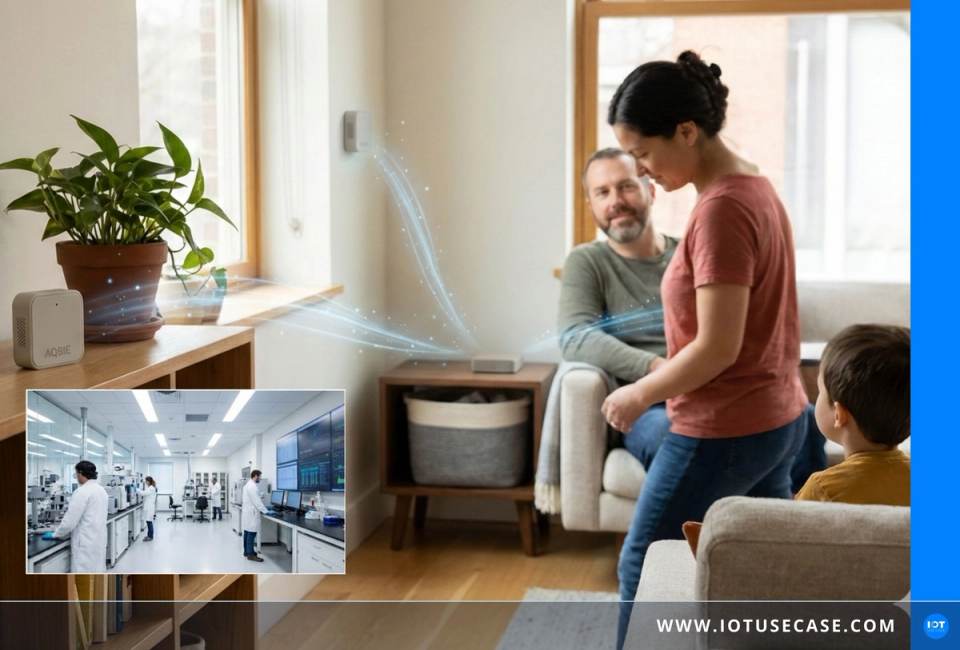 Luftqualitätssensor AQBIE in einem Wohnraum, der Messdaten per MQTT an die Broker-Plattform EMQX von EMQ überträgt