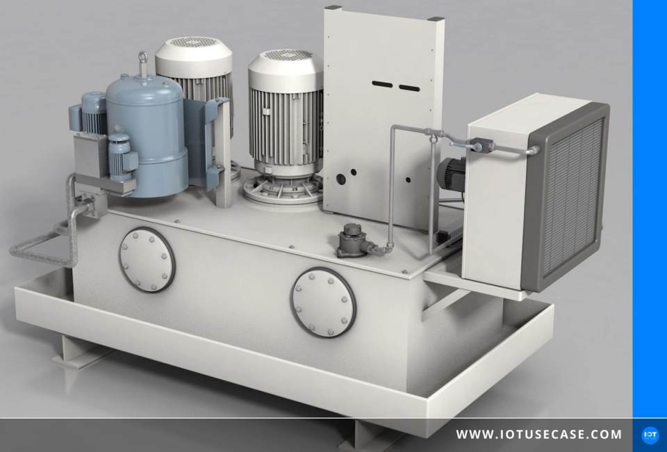 Hydraulikaggregat eines Prüfstands mit Schwingungs- und Drucksensorik, per IO-Link an die Plattform ifm moneo angebunden