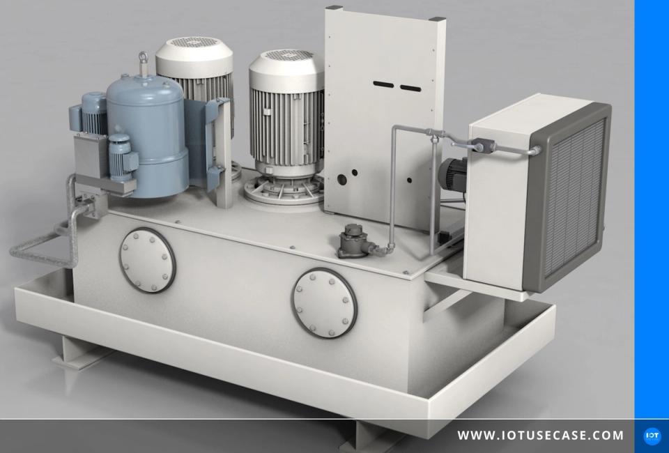 Hydraulikaggregat eines Prüfstands mit Schwingungs- und Drucksensorik, per IO-Link an die Plattform ifm moneo angebunden