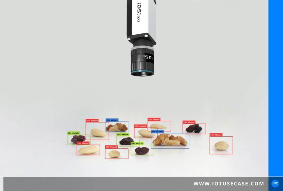 Industriekamera IDS NXT von IDS Imaging prüft eine Nussmischung auf einer Verpackungslinie