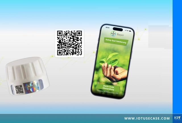 Smartphone mit Bayer-App zur Safety-Seal-Validierung, daneben eine Verschlusskappe mit QR-Code-Sicherheitsetikett und ein großer QR-Code.