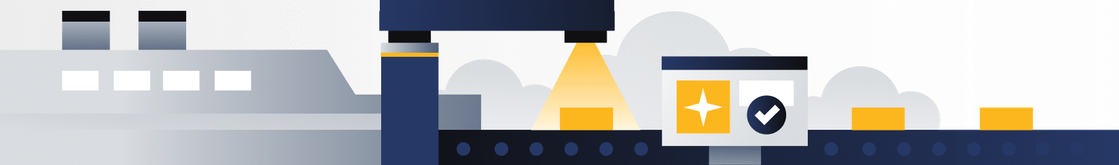 Illustration automated quality control: camera system inspects products on conveyor belt