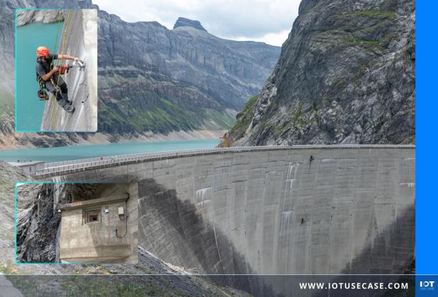 Bogenstaumauer Limmernsee vor steilen Felswänden, eingeblendet ein Industriekletterer an der Mauer und ein Betonhäuschen mit Funktechnik
