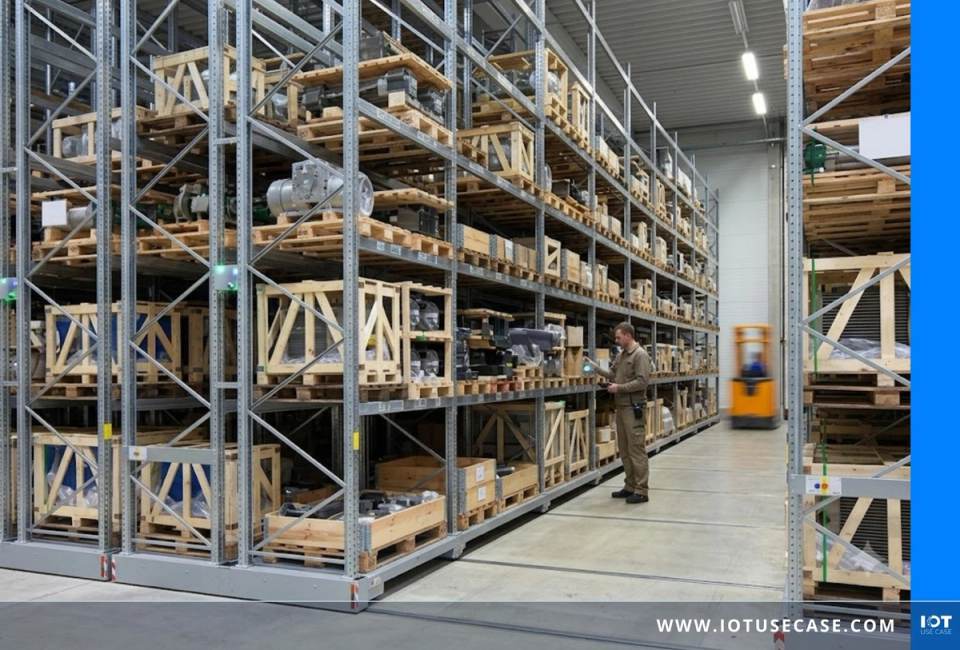 Warehouse worker inspecting high-bay racking system with mobile shelving – Dexion & Cumulocity IoT condition monitoring