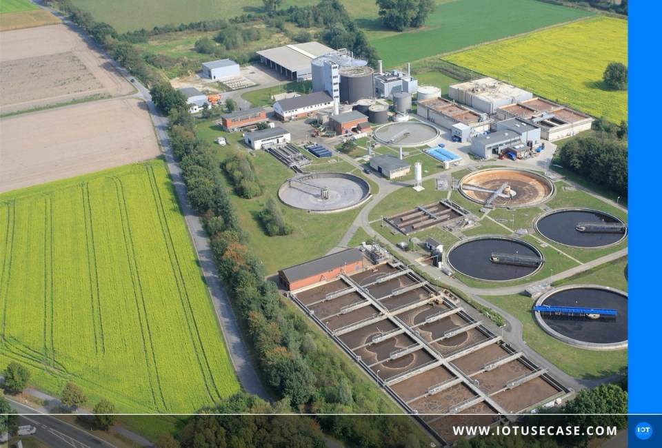 Aerial view of the Stadtwerke Pyrmont treatment plant with round basins, remotely monitored via AERprogress from Aerzen Digital Systems
