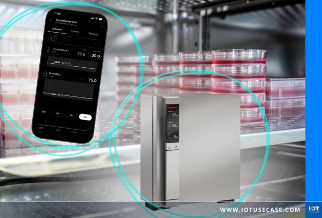 Smartphone with the myChamber Monitoring App showing temperature and humidity values next to a Memmert temperature control device, with petri dishes in an incubator in the background.