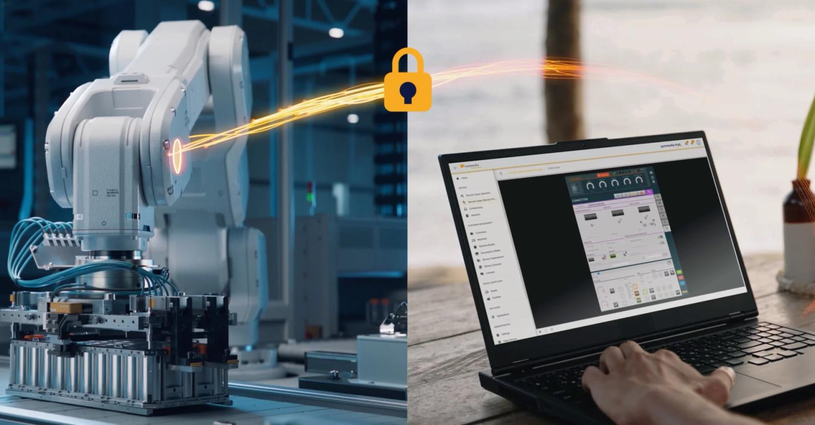 Secure IT/OT remote maintenance: robot plant with encrypted connection to remote SCADA dashboard