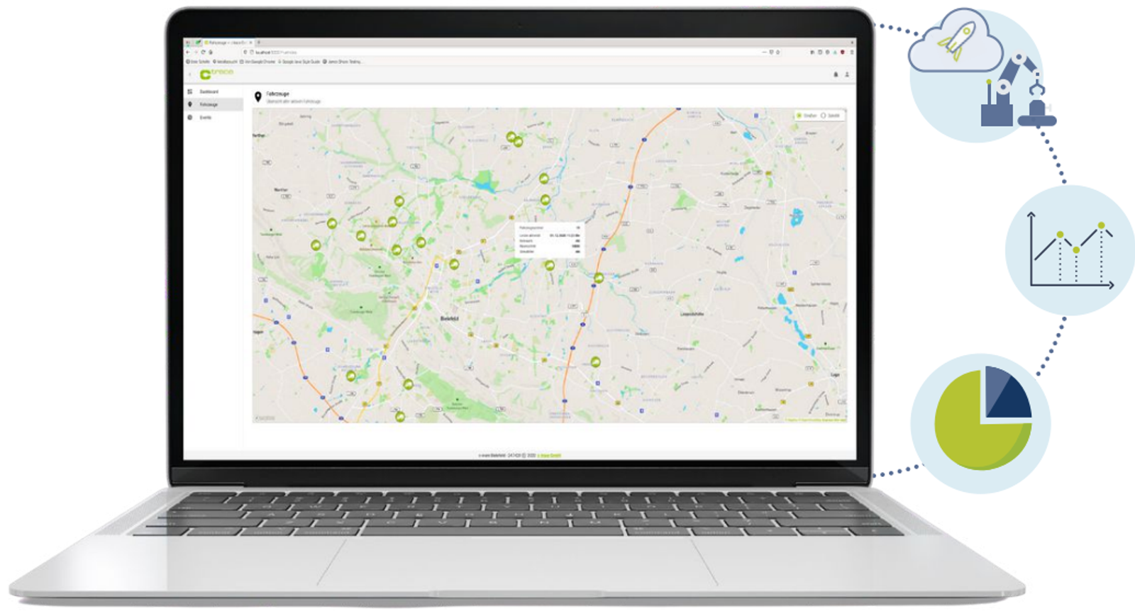 Flottenmanagementsystem: Echtzeit-Kartenansicht mit Fahrzeugtracking für Entsorgungsflotte