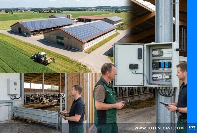 Farm with rooftop PV system – technicians checking a HÖRMANN control cabinet with IXON IXrouter for secure remote access