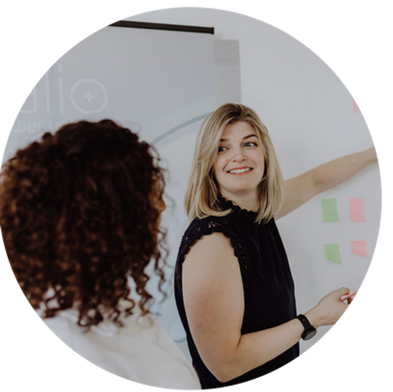Workshop-Meeting: zwei Frauen präsentieren an Whiteboard mit Post-Its