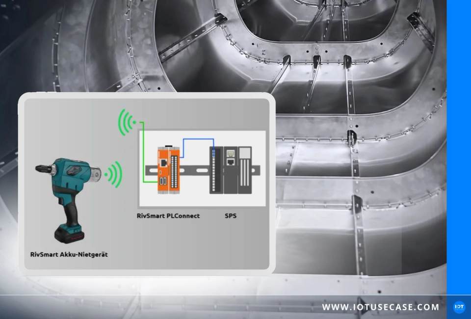 Illustration eines handgeführten Akku-Nietgeräts von HONSEL, über RivSmart PLConnect mit dem RevPi Core von KUNBUS vernetzt