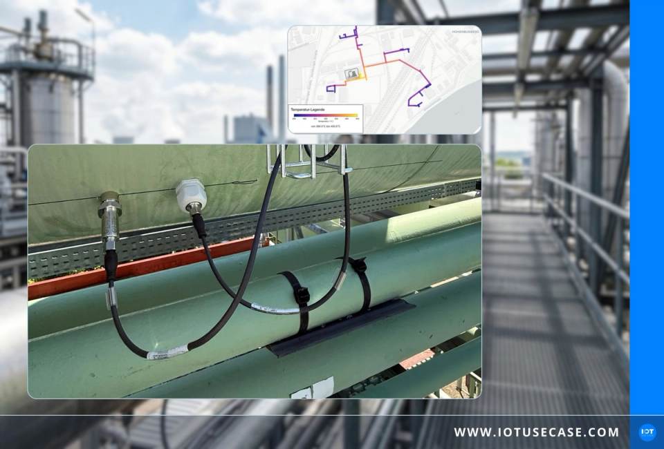 Insulated steam pipe in CURRENTA's CHEMPARK with a retrofitted high-temperature sensor, connected via LoRaWAN from Conneqtive