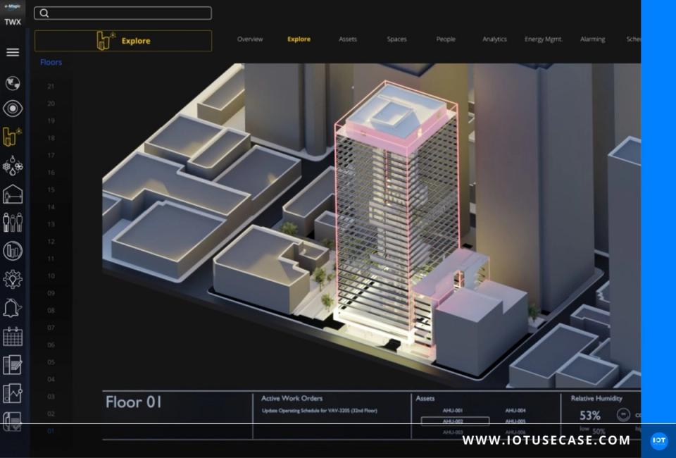 Dreidimensionale Visualisierung eines Gebäudes als digitaler Zwilling auf der Plattform TwinWorX von e-Magic
