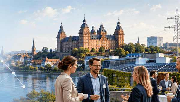 Schloss Johannisburg über dem Main in Aschaffenburg, im Vordergrund drei Teilnehmende des Praxisforums im Gespräch, daneben ein Gebäude mit Photovoltaik-Dach und begrünter Fassade.