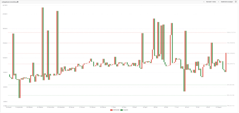 Chart from the achtBytes platform showing daily leak costs in euros over one year, with additional costs in red and savings in green