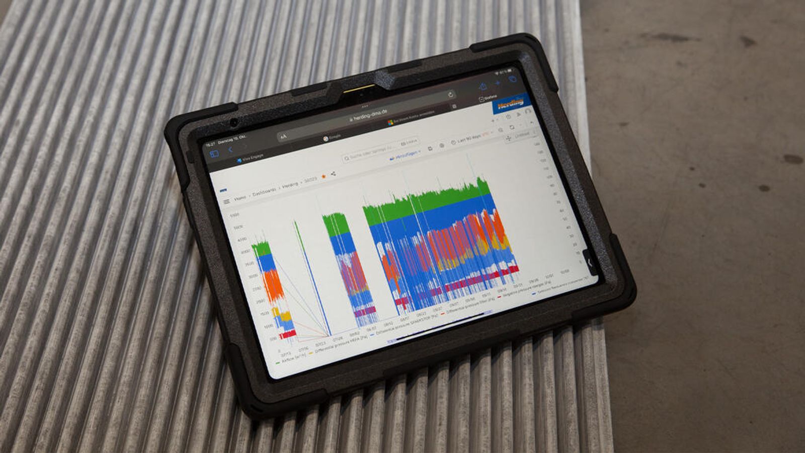 Rugged tablet with colorful filter system monitoring dashboard on corrugated metal surface