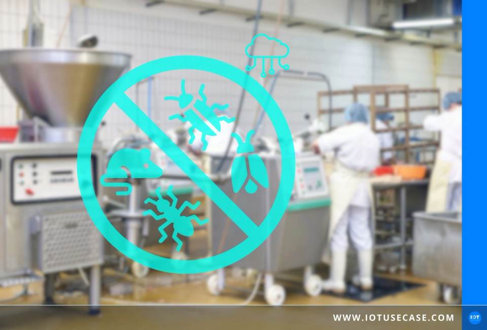 Food production line with an overlaid pest icon for digital pest monitoring, connected to the IoT platform Cumulocity