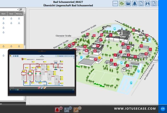 SCADA-Dashboard mit Gebäudegrundriss zur Gebäudetechnik des ZfP Südwürttemberg, überwacht über GENESIS64 von ICONICS