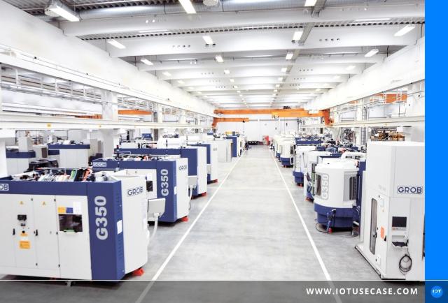 Large universal CNC machine tool from GROB in a bright production hall, monitored via the GROB-NET4Industry platform
