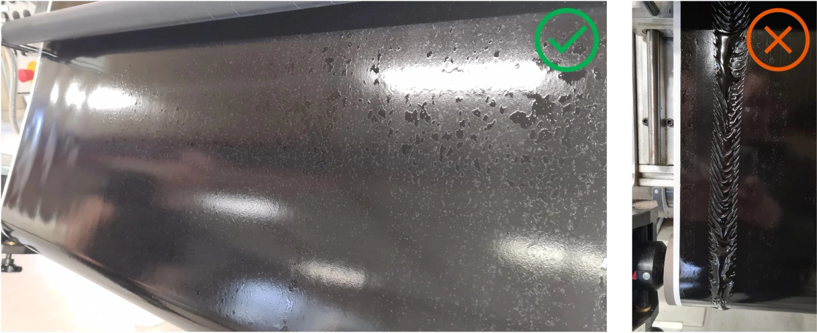Quality comparison adhesive tape: flawless surface (OK) vs. rewinding defect (NOK)