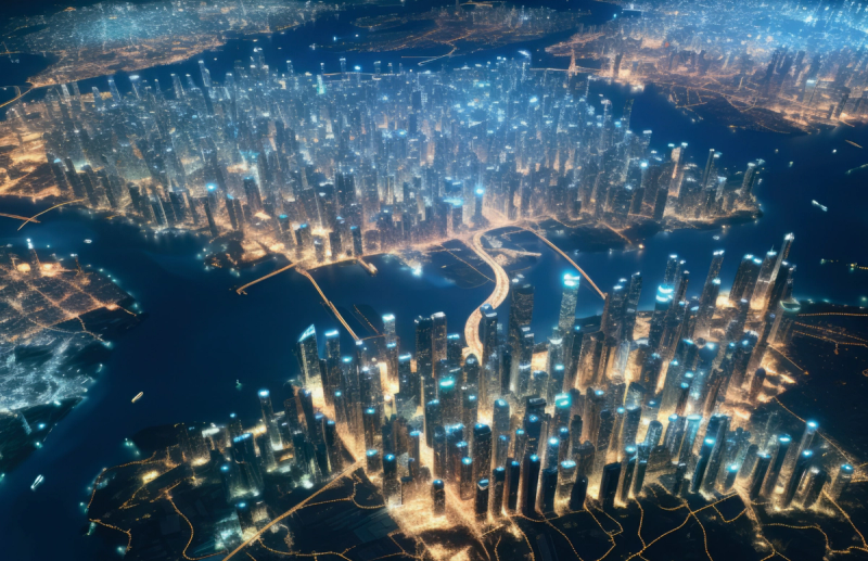 AI-generated connected city view with data network overlay for digital grid monitoring