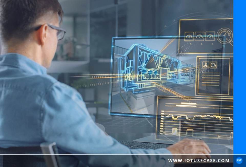 Person am Bildschirm mit digitaler 3D-Gebäudevisualisierung, angebunden über die Gebäudemanagement-Plattform von Siemens