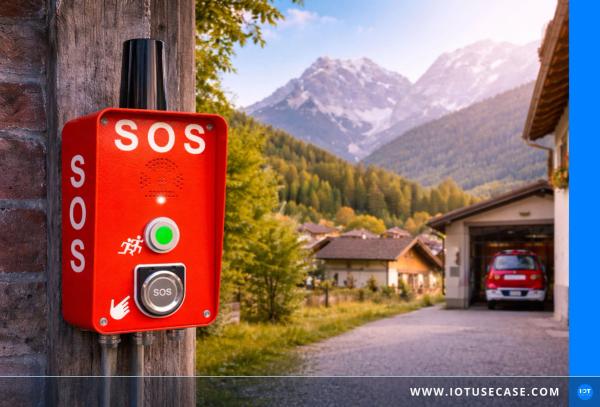 Public m.HELP emergency button from Swissphone on a fire station in South Tyrol, connected via the energy-efficient mioty radio network