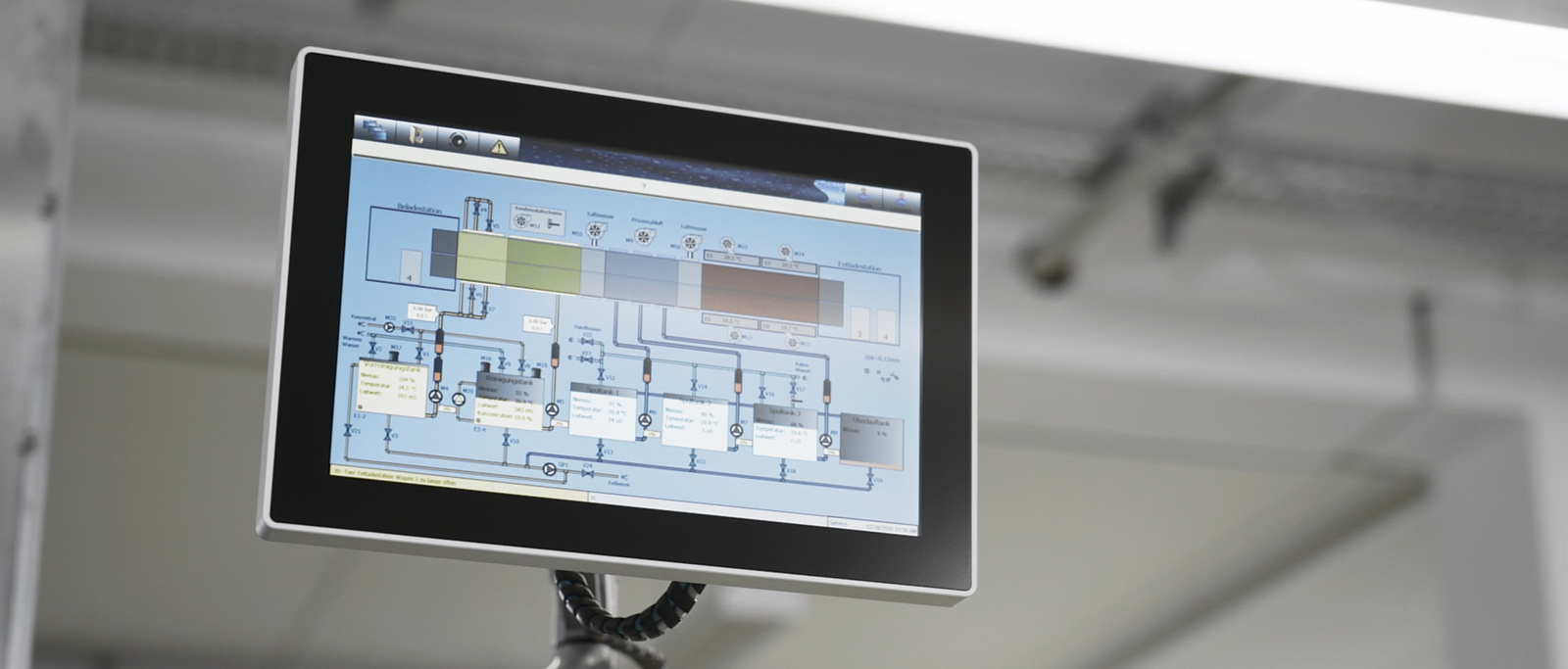SYSTRONIC FabLink SCADA panel in semiconductor manufacturing hall with SECS/GEM interface