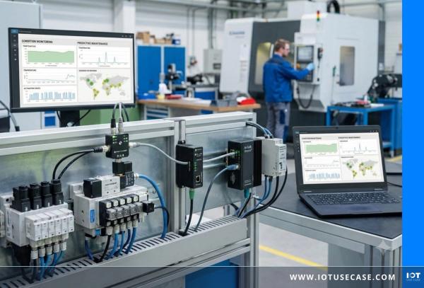 Industrial control rack with IO-Link modules, condition monitoring dashboard on monitor and laptop, CNC machine in background