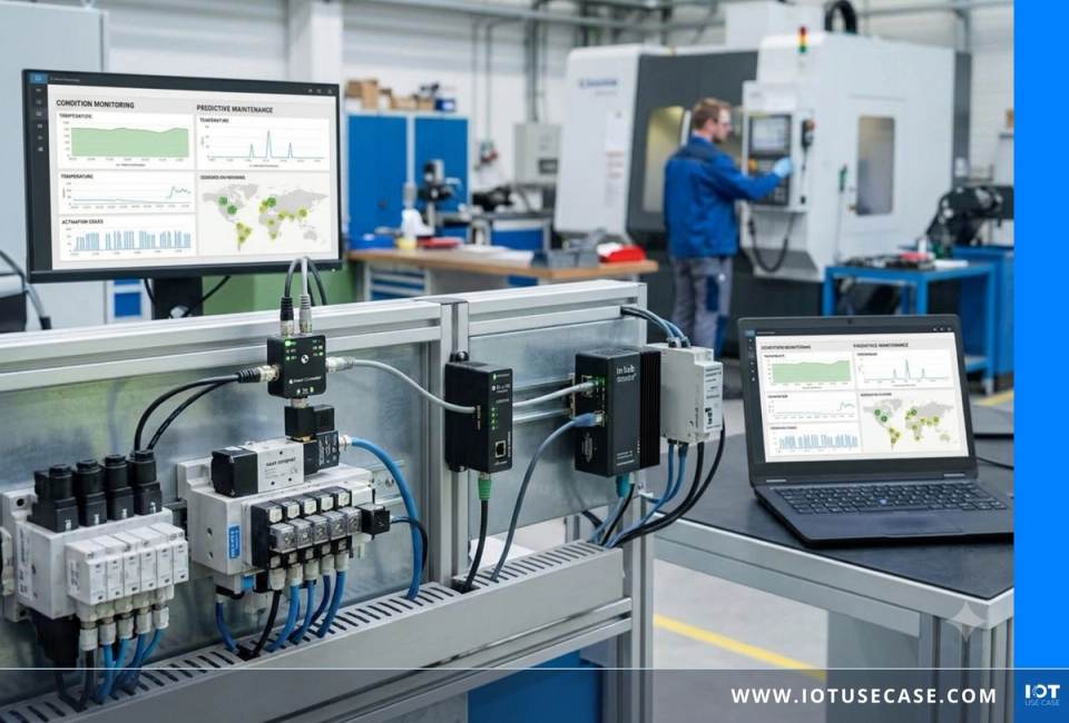 Industrie-4.0-Steuerungsrack mit IO-Link-Modulen, Condition-Monitoring-Dashboard auf Monitor und Laptop, CNC-Maschine im Hintergrund
