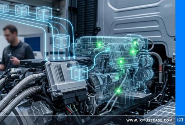 Techniker vor Lkw-Motor, überlagert mit leuchtenden Würfel-Symbolen und Verbindungslinien zum Motorsteuergerät