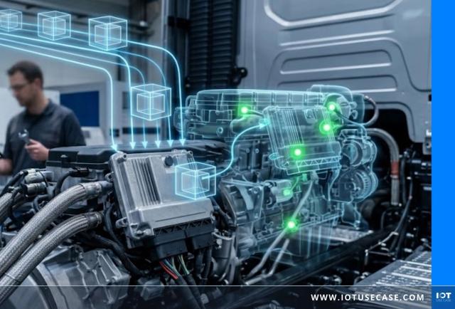 Techniker vor Lkw-Motor, überlagert mit leuchtenden Würfel-Symbolen und Verbindungslinien zum Motorsteuergerät