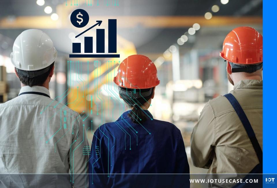 Three workers wearing hard hats look into a production hall, with a bar chart showing an upward arrow and a dollar sign superimposed above them.