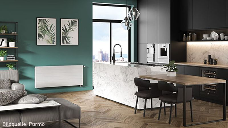 Modernes Wohnzimmer mit Purmo-Heizkörper für intelligentes Raumklima-Management