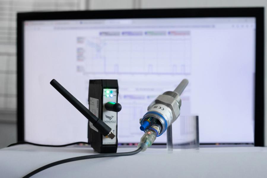 Laboraufbau mit DATAEAGLE-Funkmodul, Antenne und SmartMod-Steckverbinder vor einem Bildschirm mit Auswertungen