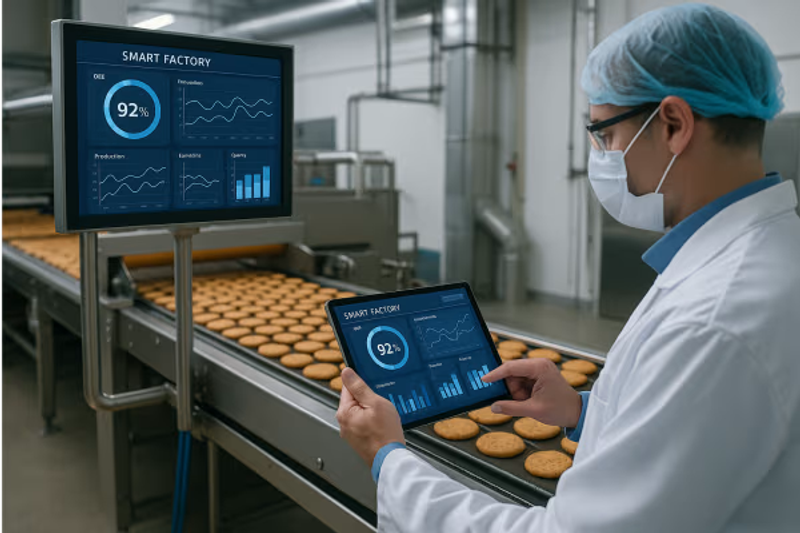 KI-Bild: Smart-Factory-Techniker überwacht Kekslinie mit OEE-Dashboard auf Tablet und Monitor
