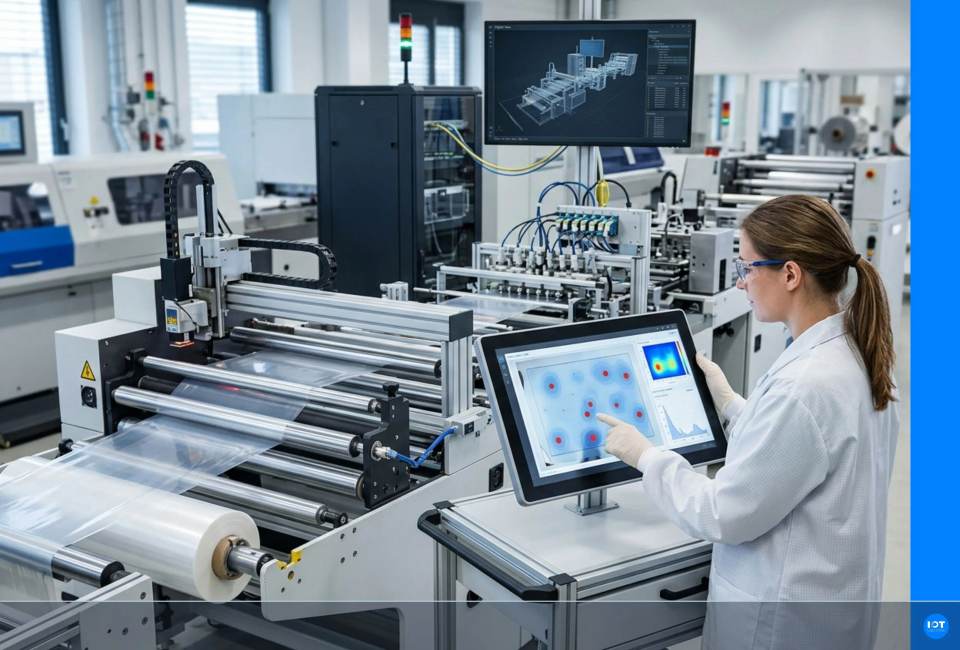 Mitarbeiterin im Laborkittel an einer Fertigungslinie für Touchfolien, deren Prozessdaten KURZ Digital Solutions per Software analysiert