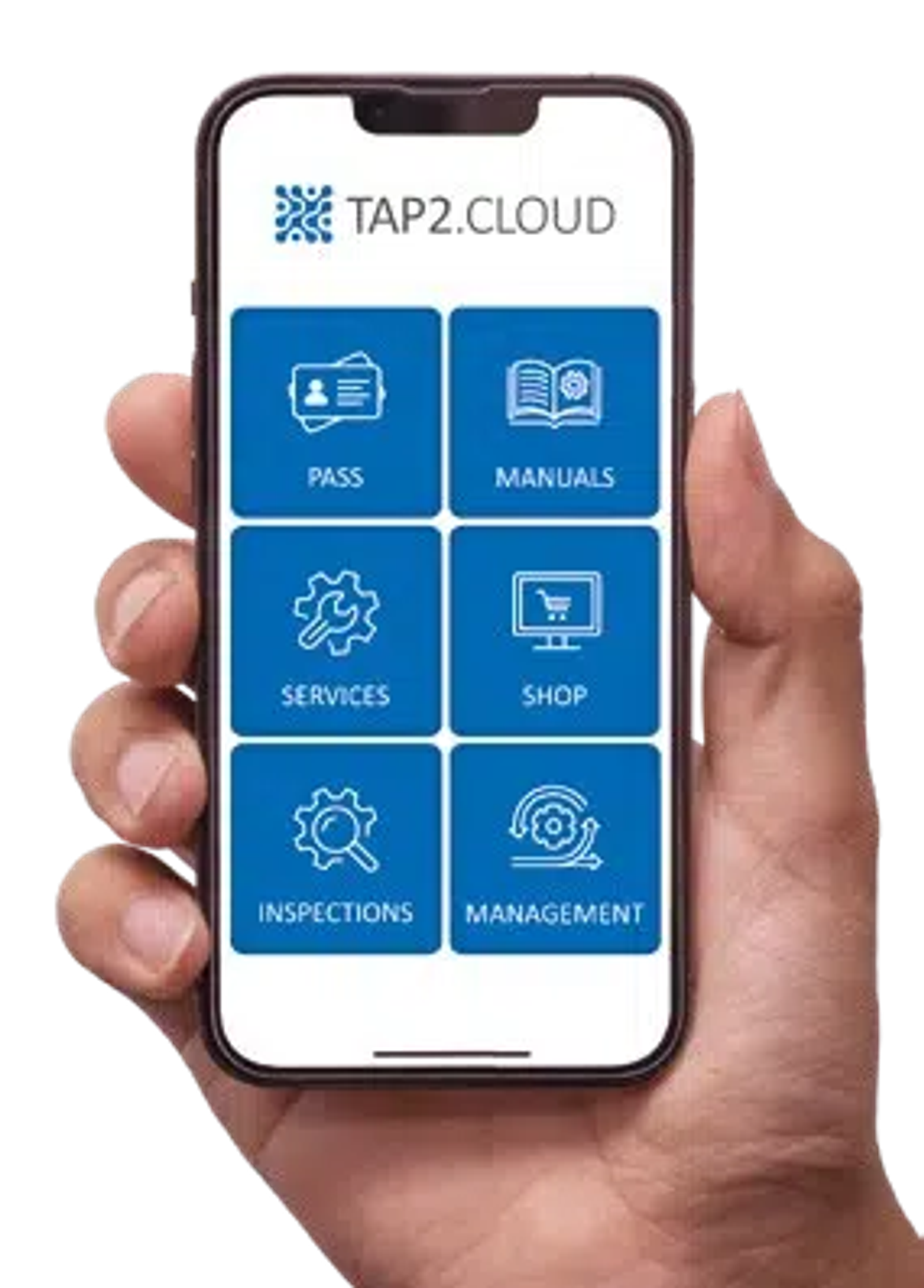 TAP2.CLOUD battery passport app: smartphone menu with Pass, Manuals, Services, Shop, Inspections