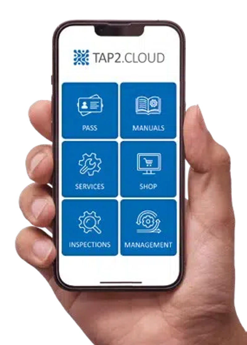 TAP2.CLOUD Batteriepass-App: Smartphone-Menü mit Pass, Manuals, Services, Shop, Inspections