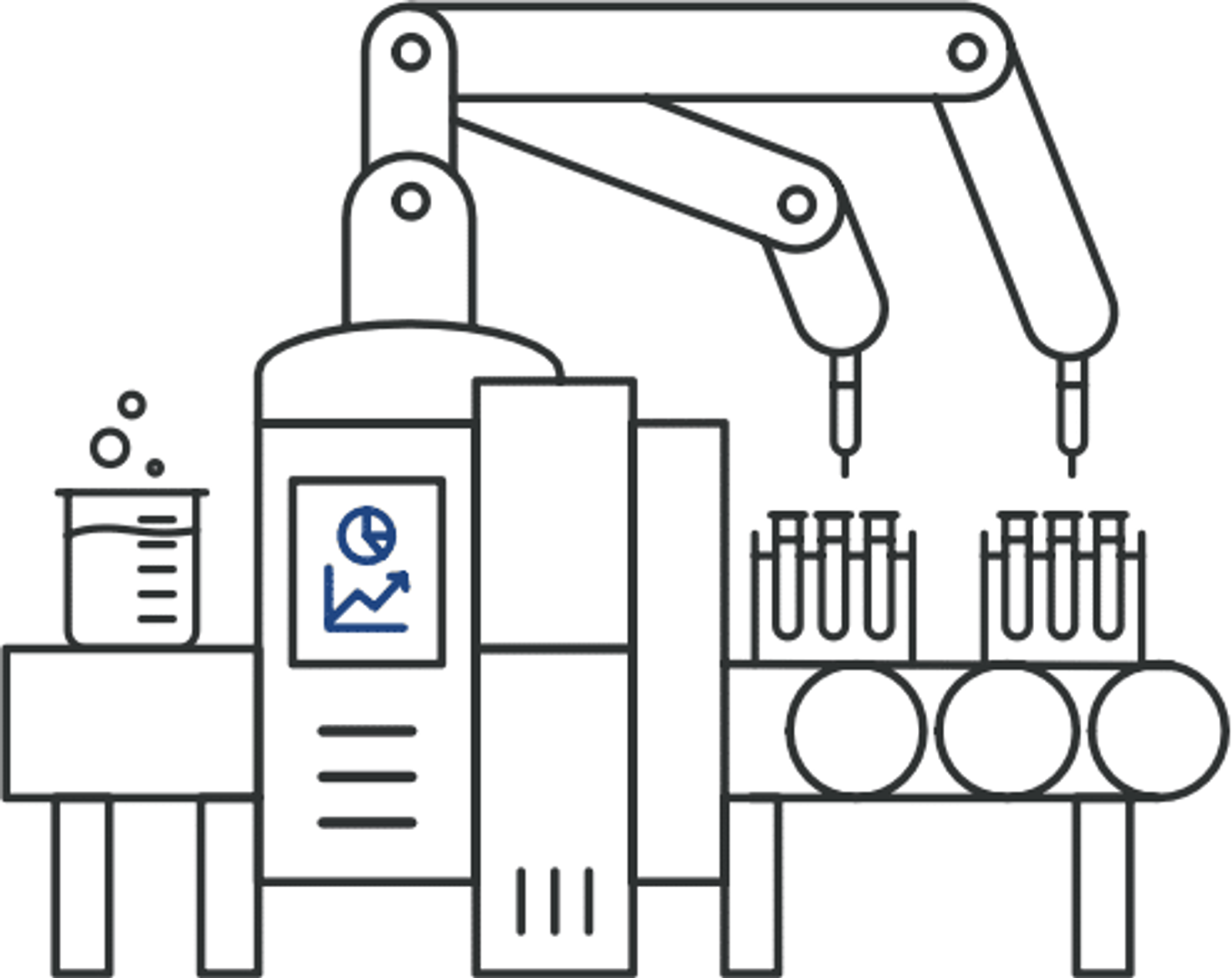 Illustration: robotic pipetting arm over test tubes for automated pharmaceutical manufacturing