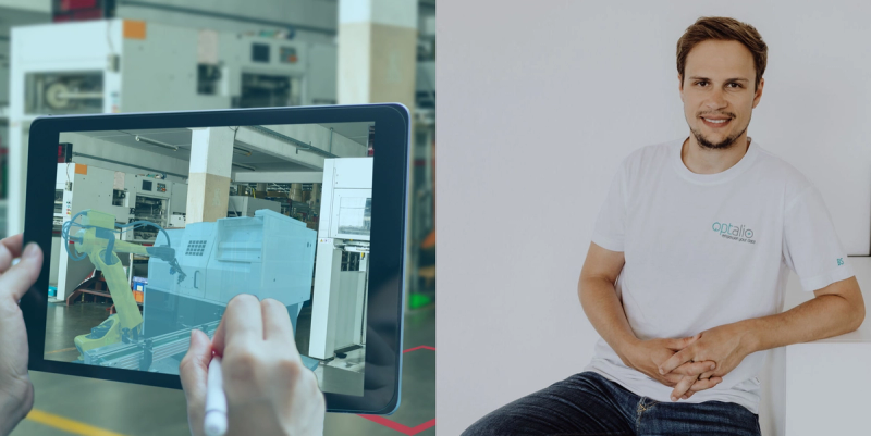 Augmented-Reality-Tablet in Fabrik und Portrait des Contellio-Gründers