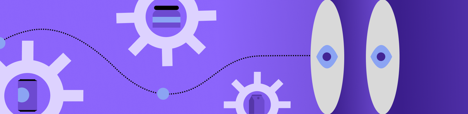 Illustration of process automation: gears, sensor wave and monitoring eyes
