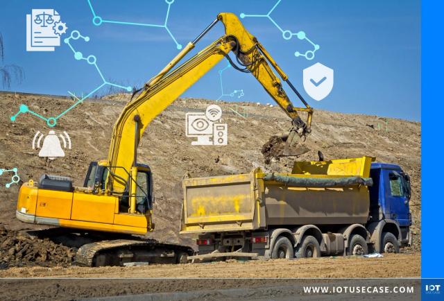 Yellow crawler excavator loading soil onto a dump truck at a construction site, overlaid with IoT icons for remote monitoring, alerting and data security.