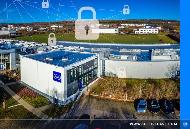 Gebäude von R. STAHL mit eingeblendeten Schloss-Symbolen, dessen Netzwerkgeräte über die ECOS TrustManagementAppliance per Zertifikat abgesichert sind