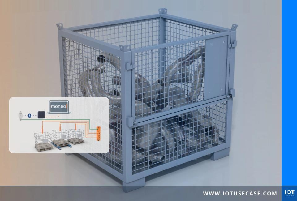 Mit Metallteilen gefüllte Gitterbox, daneben ein Schaubild zur Sensoranbindung per Bluetooth Mesh an die moneo-Software; Logos von ifm und IO-Link.