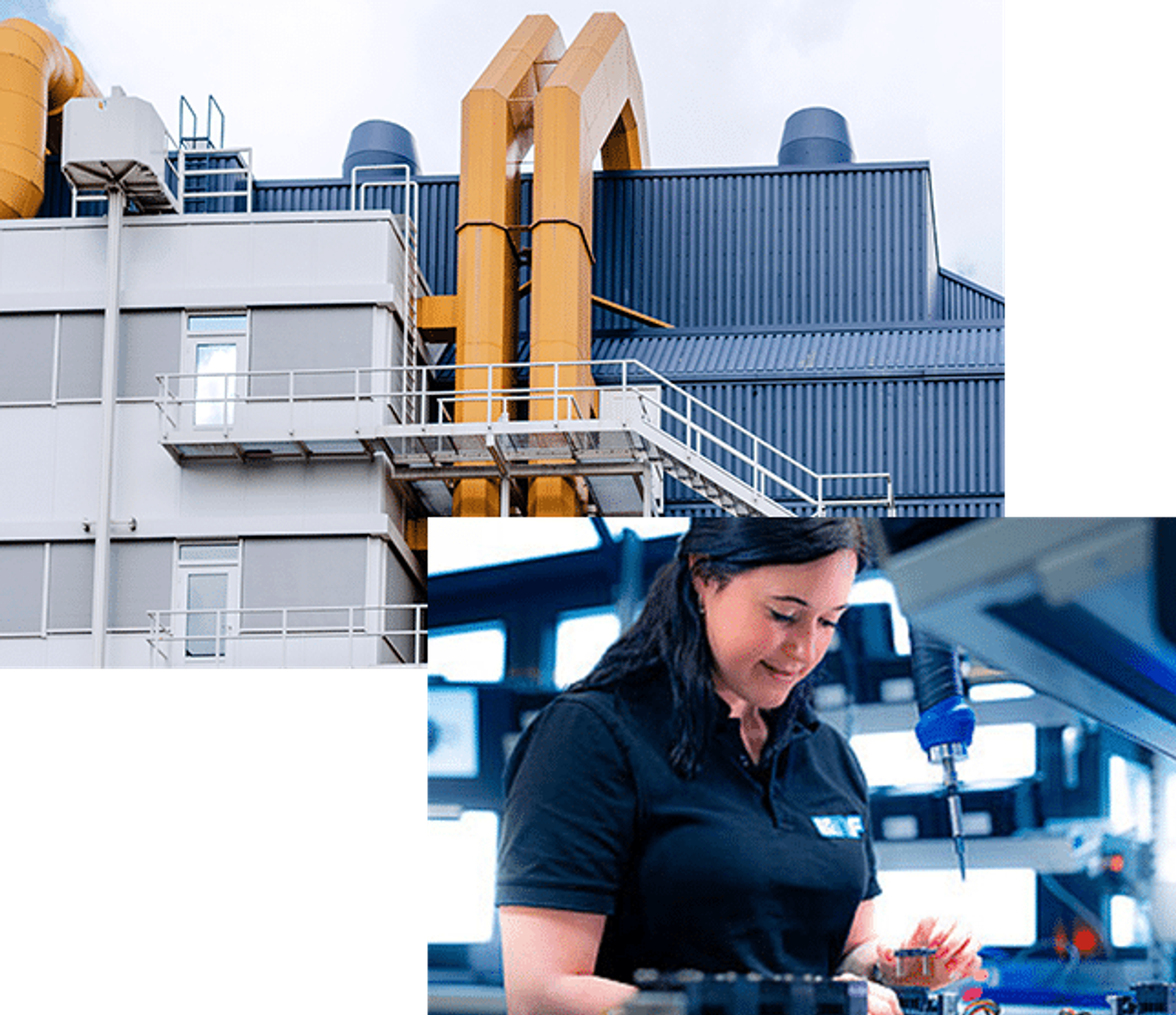 Industrial plant with distillation towers and filter technology alongside female worker at machine